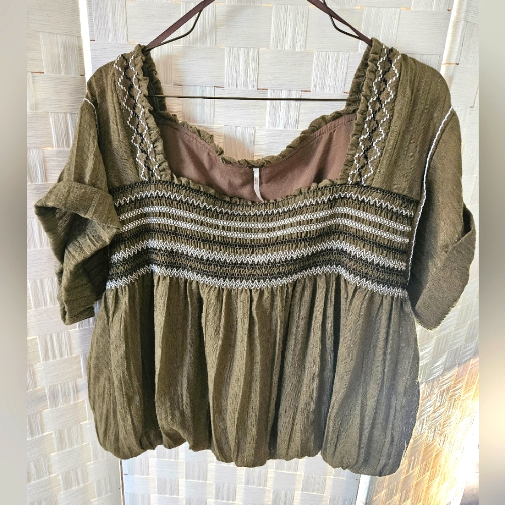 Free People Olive Embroidered Blouse